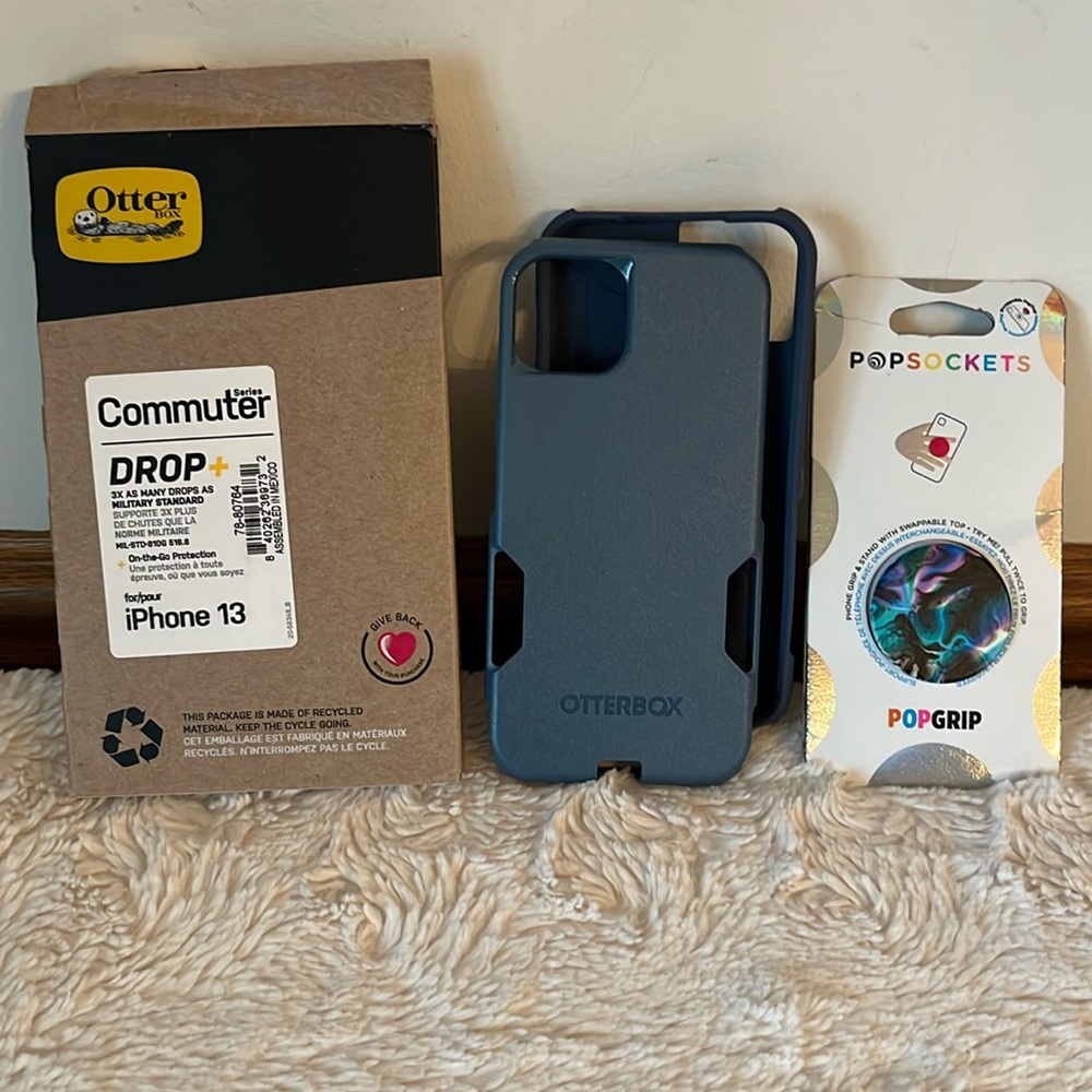 Bundle of Blue Commuter Series Otter Box for iPhone 13 and Pop Socket NWT